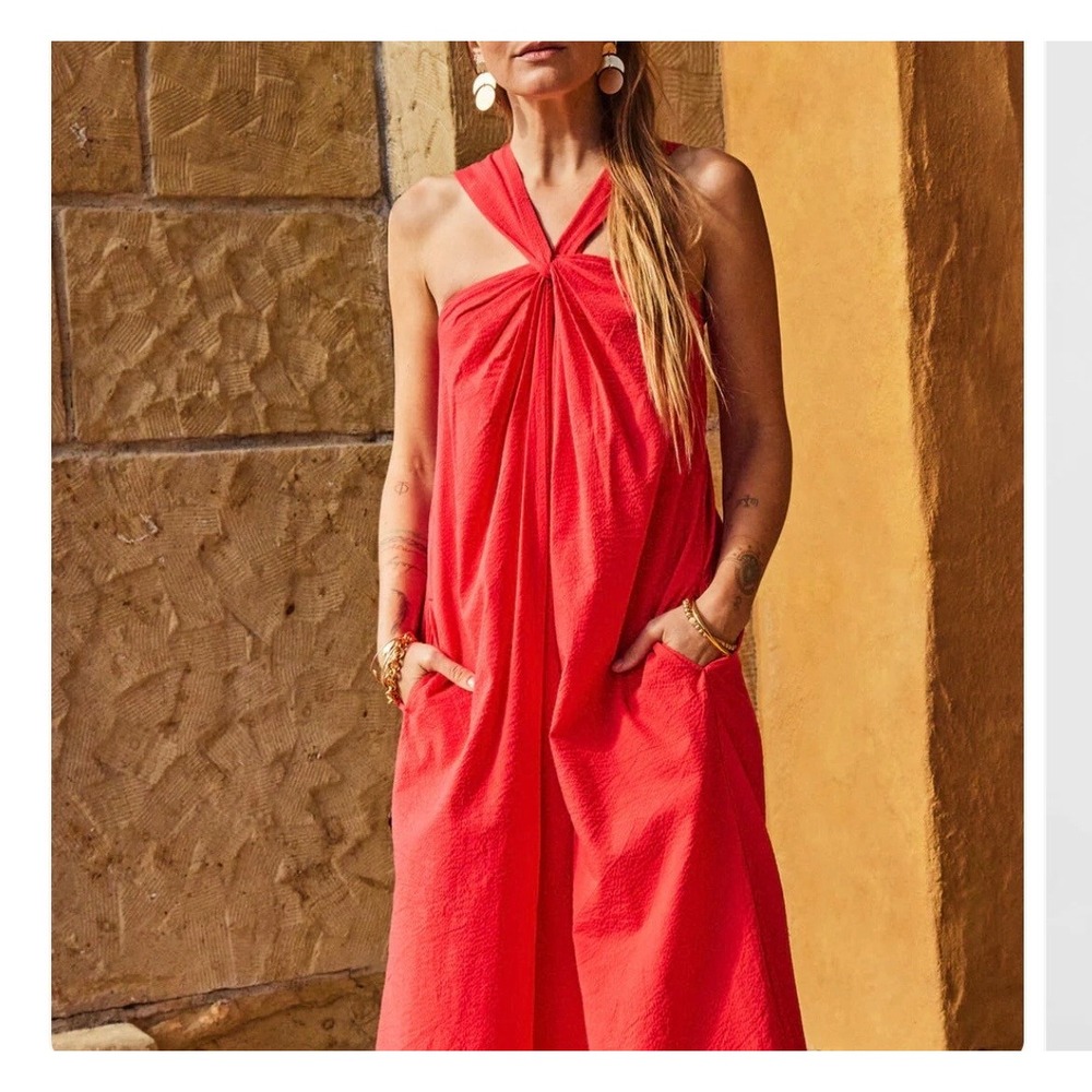 Faherty Bay Twist Seersucker Midi Dress Red XL